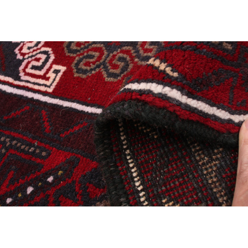 Tapis décoratif en laine rouge foncé de conception unique 3 pi 1 po x 5 pi 11 po noué à la main new age rizbaft