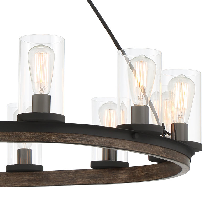 Hendon 12-Light Wagon Wheel Chandelier with Wood Accents, Weathered Walnut