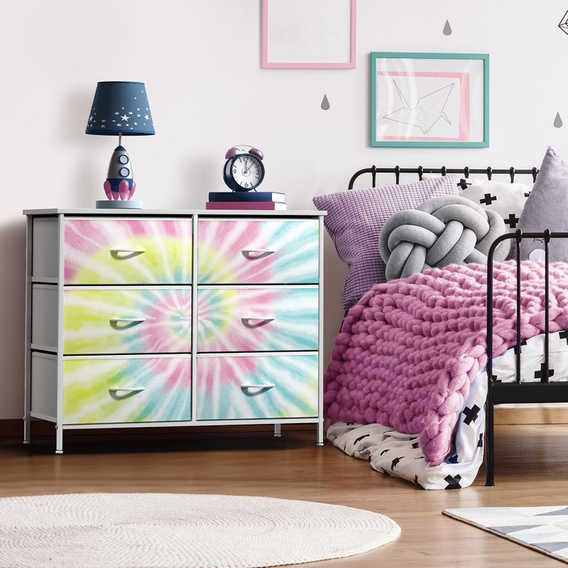  6 Drawers Dresser with Steel Frame, Wood Top, Fabric Bins in Watercolor Tie Dye, Swirl Light