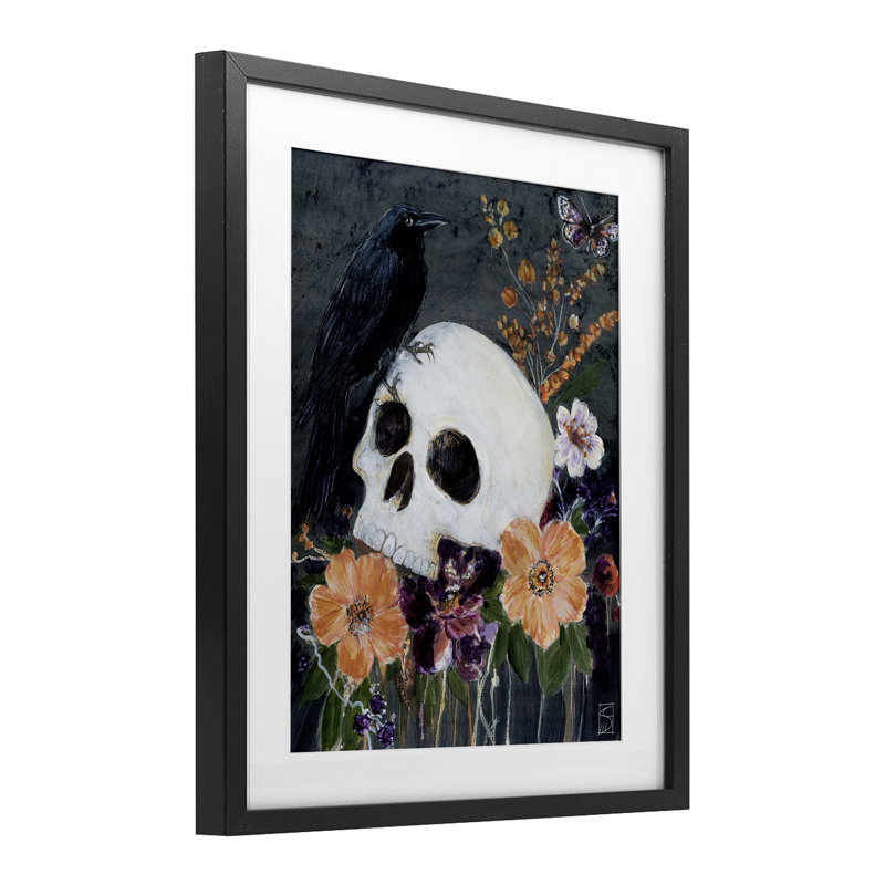 «Halloween Flowers & Skull», reproduction encadrée sous verre, design par Sara Culpepper, Cadre noir minuit
