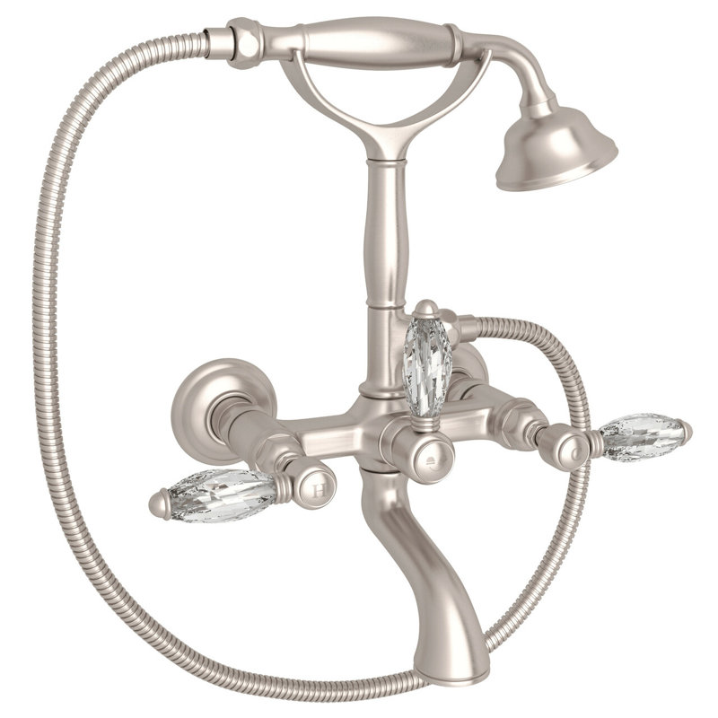 Country Bath Triple Handle Wall Mount Exposed Tub Filler Faucet, Satin Nickel, Porcelain Lever Handle