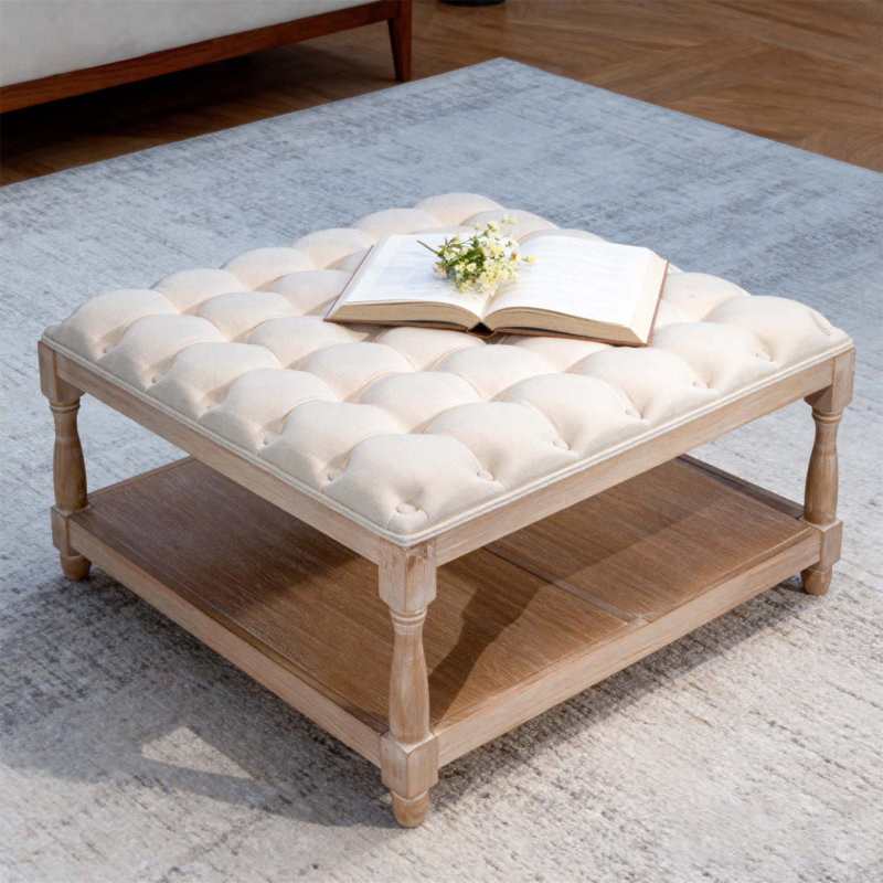Table basse avec repose-pieds capitonné en lin 33 pouces avec tablette de rangement et pieds solides pour le salon, le bureau et la chambre à coucher