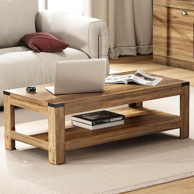 Table de salon moderne moderne en bois rustique avec rangement, table basse rectangulaire à 2 niveaux pour salon