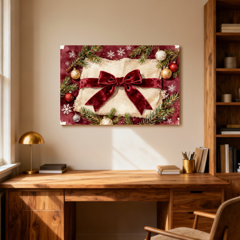 Cadeau de Noël avec arc rouge et branches de pin