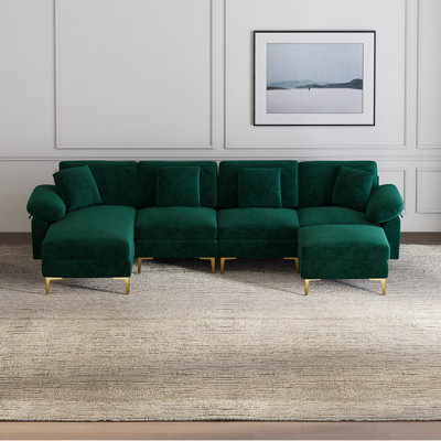 114" U Shaped Snow Fleece Sectional Sofa With Gold Hardware Legs