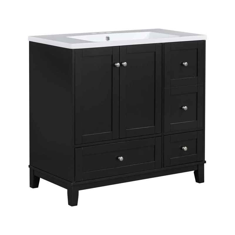 Modern Single Bathroom Vanity With Sink, USB Charging, 2 Doors And 3 Drawers, Black