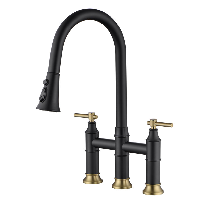Sumerain Kitchen Sink Faucet, 2 Handle Deck Mount Bridge Pull-out Kitchen Faucet, SWF6119PQ-XX, Black&Gold