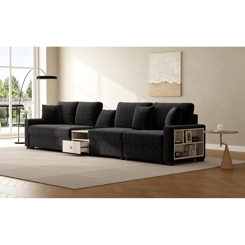 Canapé modulaire moderne avec accoudoirs de rangement, console centrale et coussins moelleux pour un salon confortable, Noir