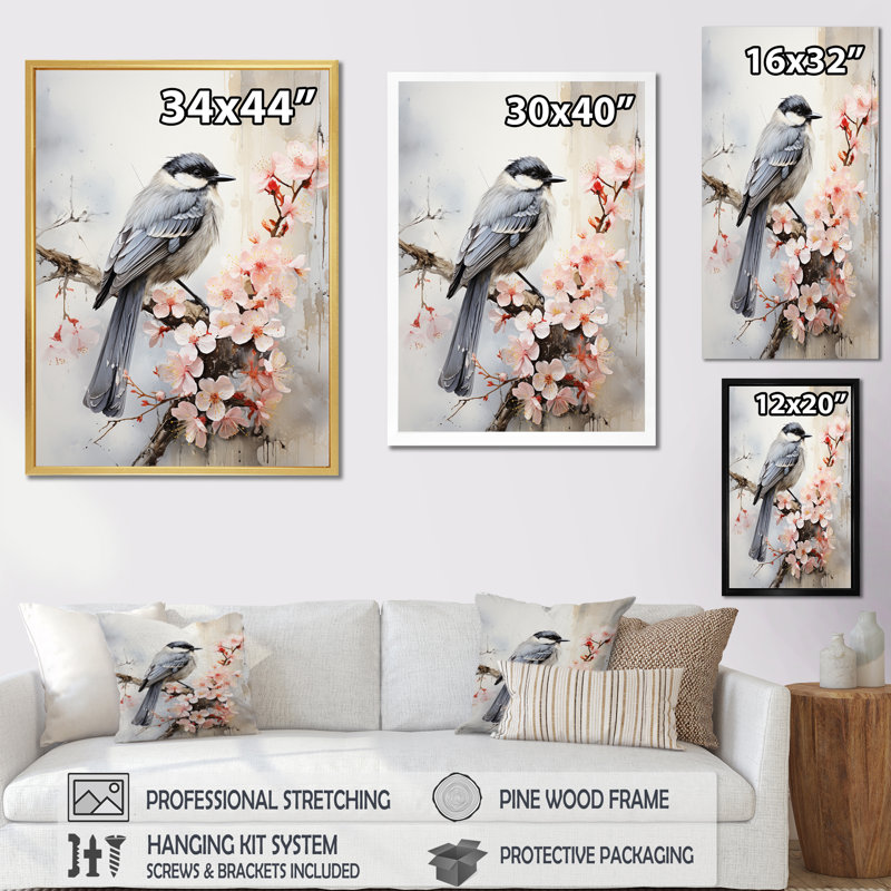 «Hovance Asian Art Bird Sumi I», reproduction sur toile, H 40 po x l 30 po x P 1,5 po, Cadre flottant doré