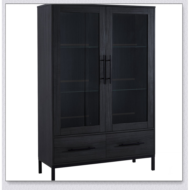 Vitrine haute de 60 po avec porte en verre trempé, éclairage DEL, deux tiroirs, armoire de rangement de style moderne pour le salon, le bureau et le bureau