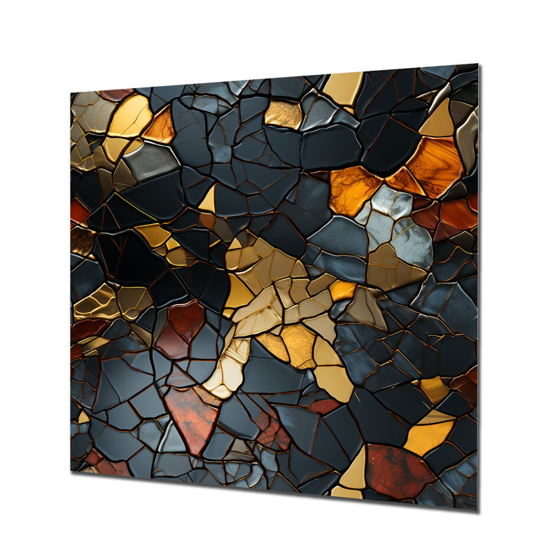 Carreaux de mosaïque dorés et noirs II - tuile abstraite, art mural en métal, H 16 po x l 16 po