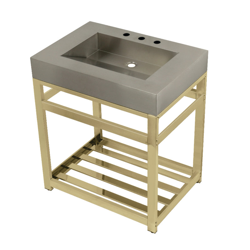 Kingston Brass Kingston Commercial 31-Inch Stainless Steel Console Sink with Steel Base (8-Inch, 3-Hole), Polished Brass