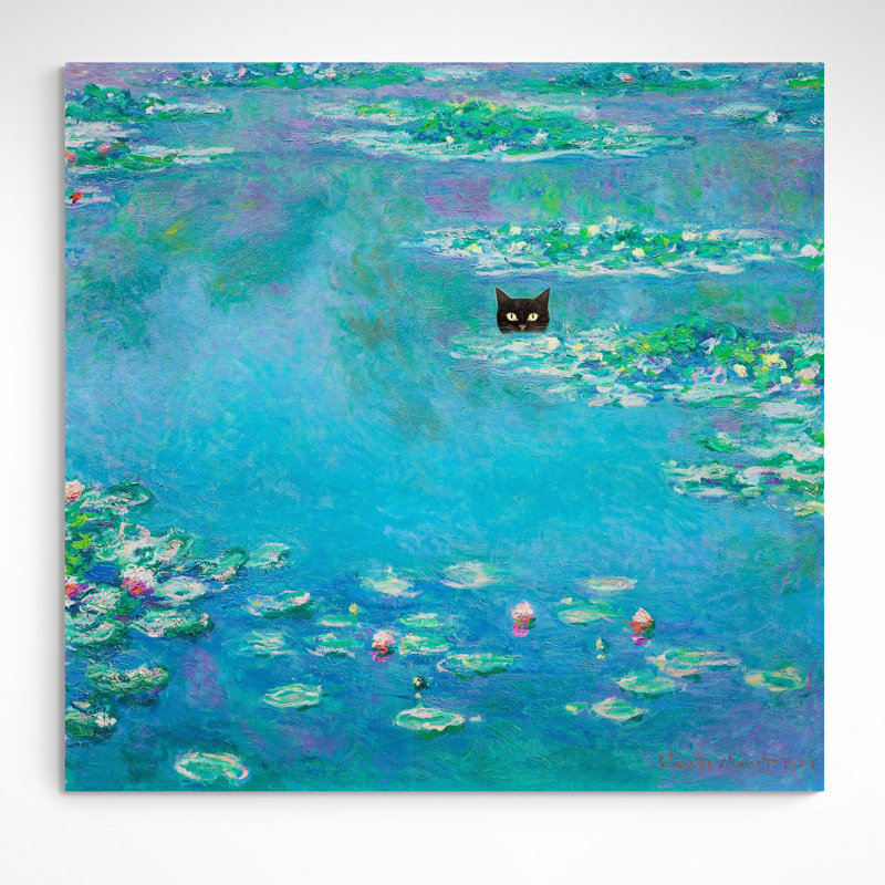Monet Water Lillies With Black Cat by Claude Monet - Wrapped Canvas Print, 30cm H x 30cm W