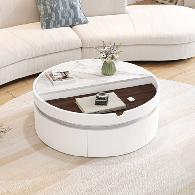 Table basse ronde à 1 tiroir avec plateau en marbre et grain de bois 29,5 po