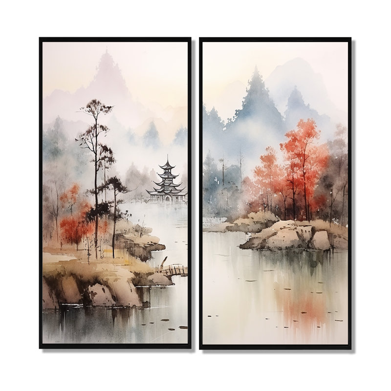 Décoration murale orange, paysage chinois tranquille, sérénité II - Paysages, Chine, 20" H x 24" W, Black