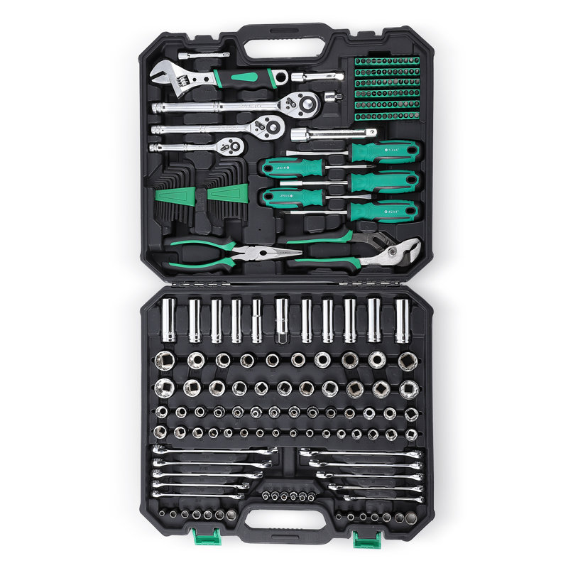 213 Piece Socket Wrench Mechanic Tool Set, Cr-V Steel Construction SAE & Metric Household Hand Tool Kit with Plastic Storage Toolbox, 46x35x9cm, 9.5kg, Green