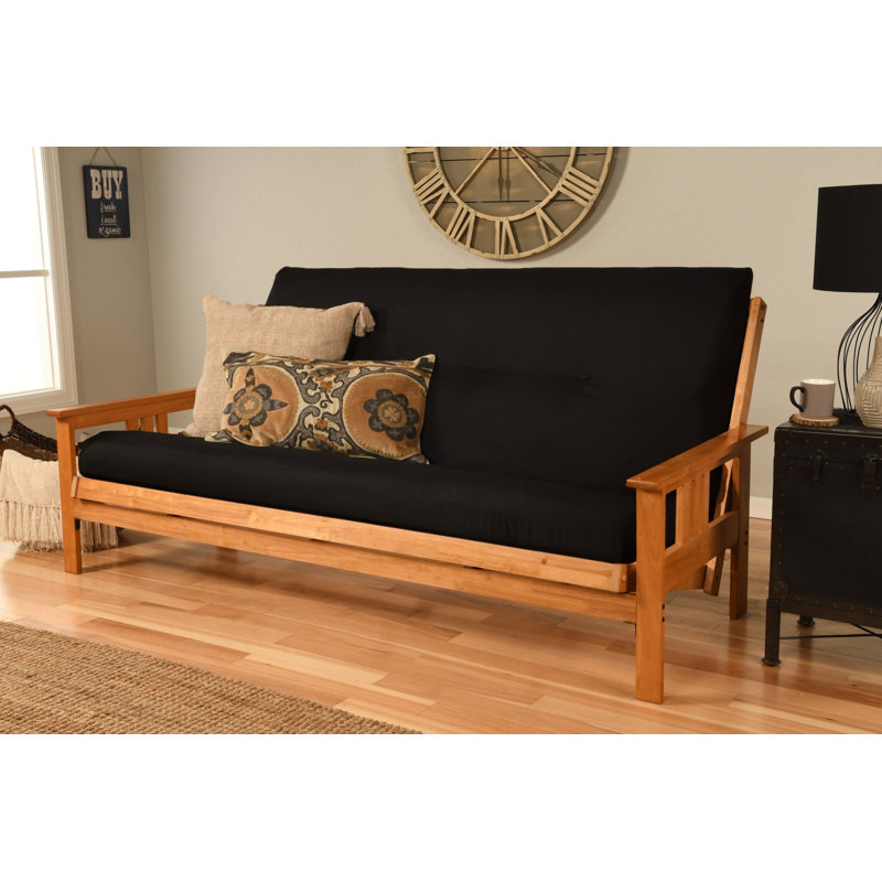 La base de futon pleine grandeur Lakel comprend un matelas à ressorts de 6 po, Polyester noir, Noyer cendré