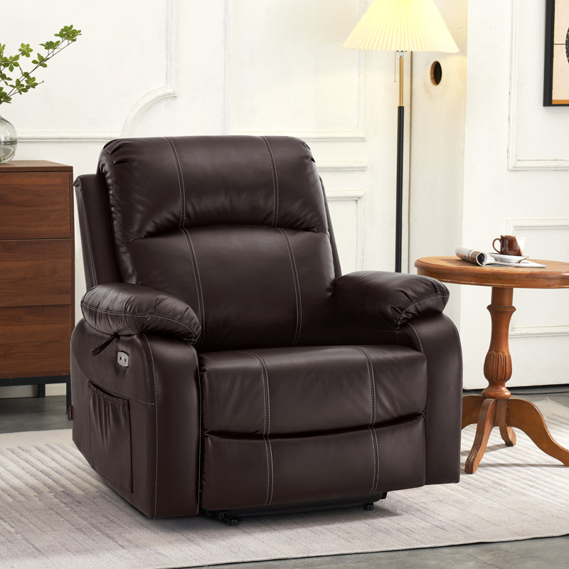 Pantazi Wide Seat Power Recliner Lift Assist Chair, Faux Leather, Dark Brown Faux Leather