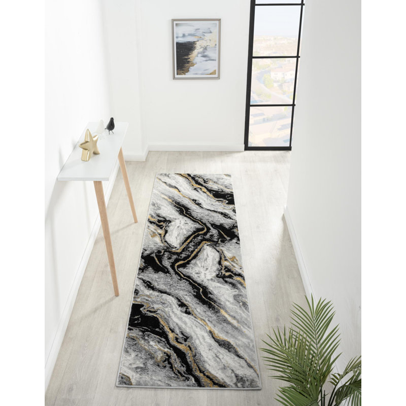 Tapis abstrait gris / or de la collection Nason, Tapis de couloir 2 pi 2 po x 7 pi 9 po