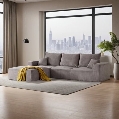 Sectional Cloud Boneless Sofa Couches For Living Room-113'' Beige 3 Seater L-Shaped Modern Lounge Couch-No Assembly Modular Corduroy Convertible Sponge Sleeper Sofas With Chaise For Home House
