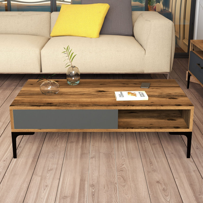 Afiq Four Leg Coffee Table with Storage, Walnut/Anthracite, 32.6" H x 105" W x 60" D