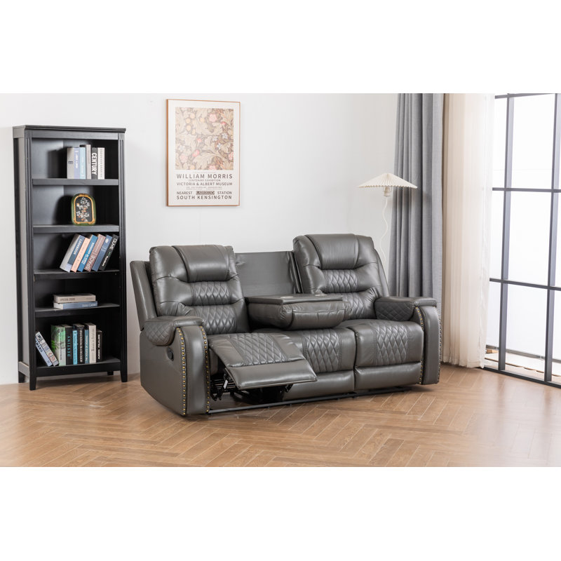 Ilyia Vegan Leather Livingroom Reclining Sofa, Gray Faux Leather