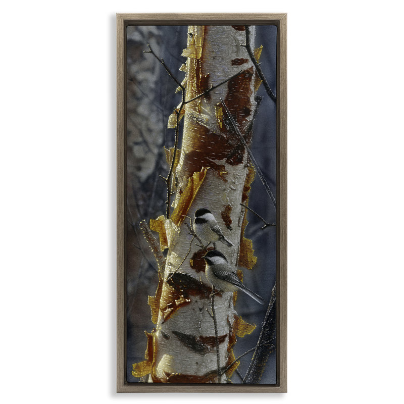 Cadre flottant Sunchit Birch Chickadees, design par Collin Bogle, H 31 po x l 15 po, Cadre flottant orme Montalcino