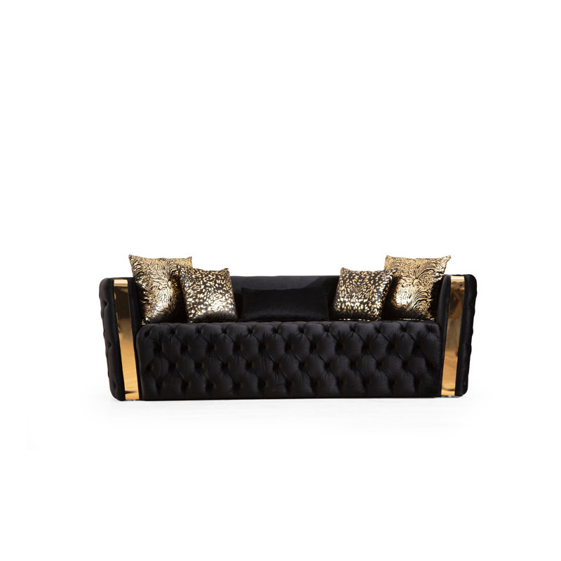 Doruk Velvet Button Tufted Sofa, Black, 30" H x 92.91" W x 33.86" D