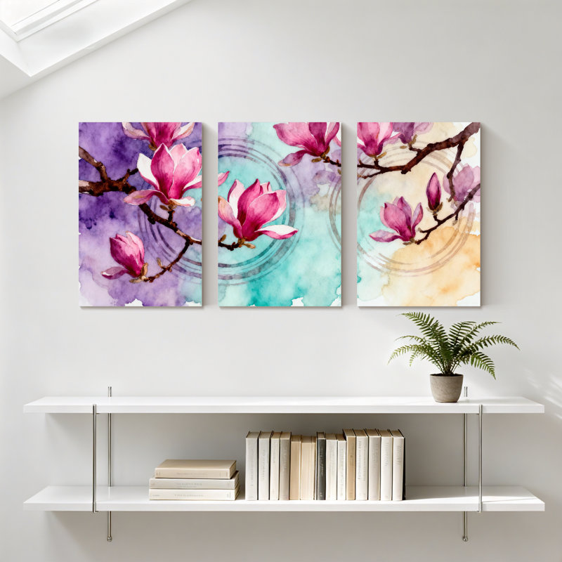 Magnolia aquarelle fleurs de magnolia sur des branches avec fond ondulé, ensemble de 3 impressions d'art sur toile
