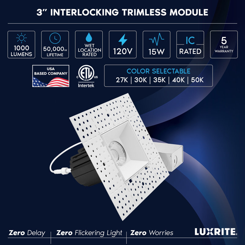 Projecteur encastré sans cadre 3 pouces DEL LUXRITE avec Jbox, Twist N 'Lock, 5CCT, 15W, 1000LM, CRI90, faisceau de 38 °, intensité variable, homologué IC, certifié humide, paquet de 6 ETL