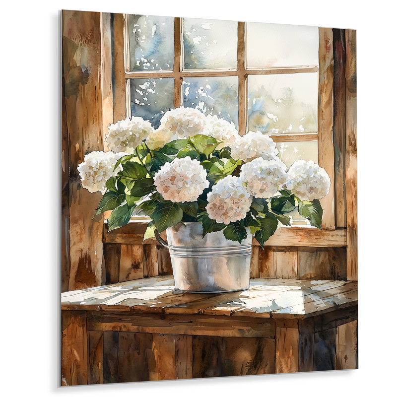 Hortensias sur la table de grange II - reproduction d'art traditionnelle en métal, hydrangées en métal, H 44 po x l 34 po