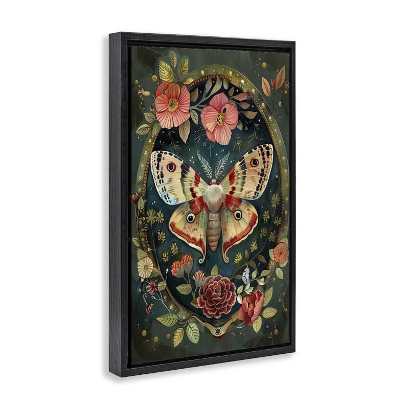 Victorian Moth & Florals Floating Frame, design by The Dutch Lady, Jet Black Floater Frame, 25" H x 17" W