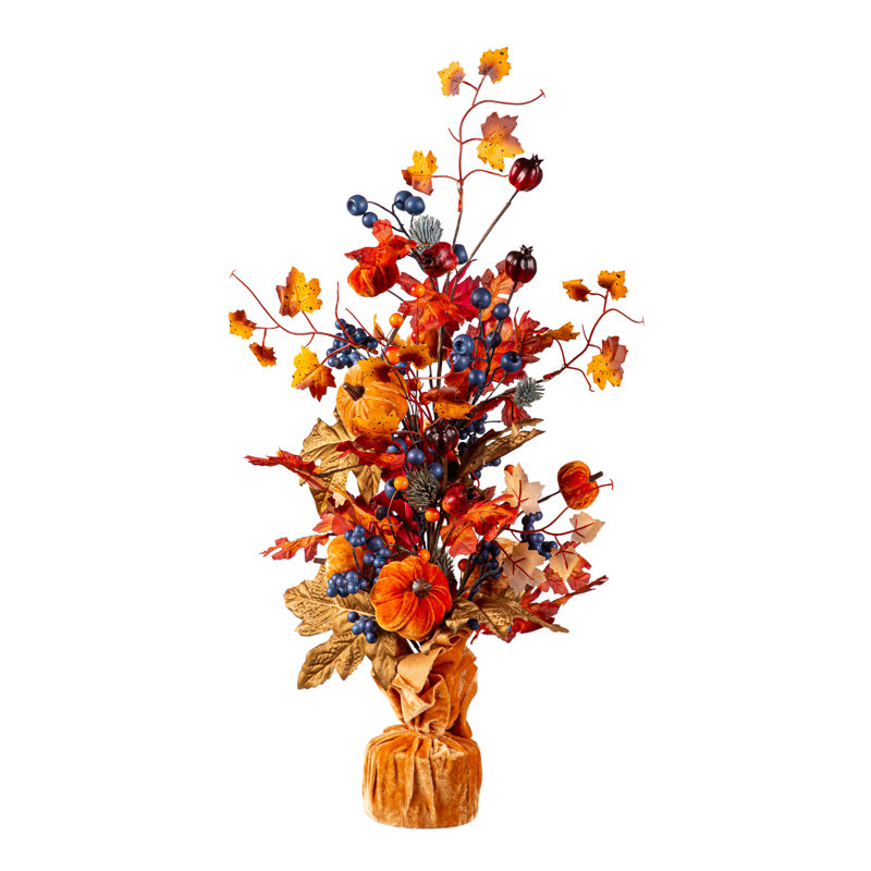 24" Orange Velvet Pumpkin and Berry Fall Tabletop Decor