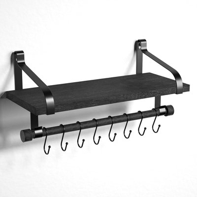 Tablette flottante pour la cuisine et la salle de bain - Tablette murale en bois rustique avec barre à serviettes et crochets amovibles pour organiser les épices, les ustensiles, les tasses - supports en métal robustes et fabrication en bois massif