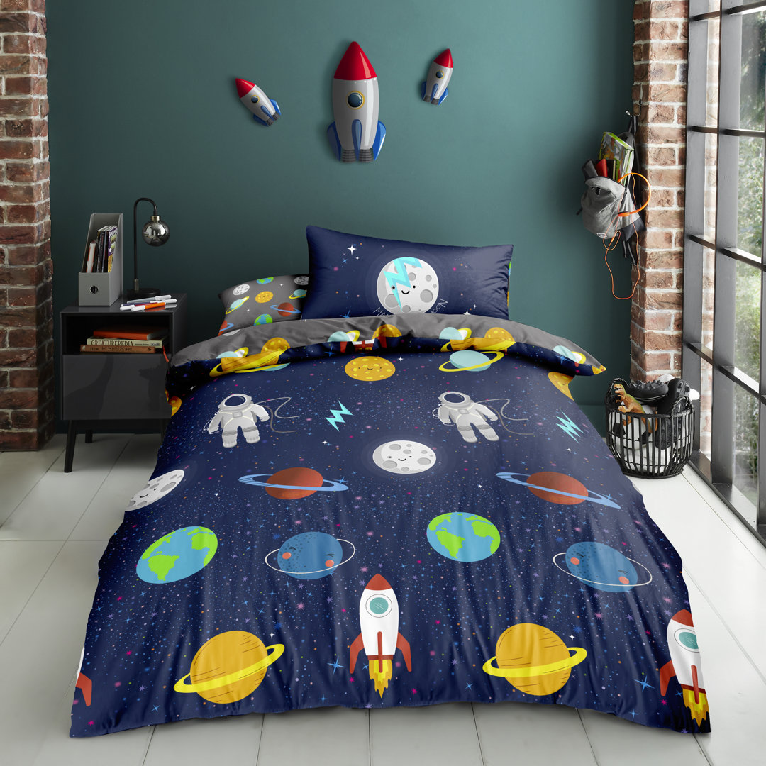 Navy/White/Yellow 180 TC Reversible Duvet Cover Set