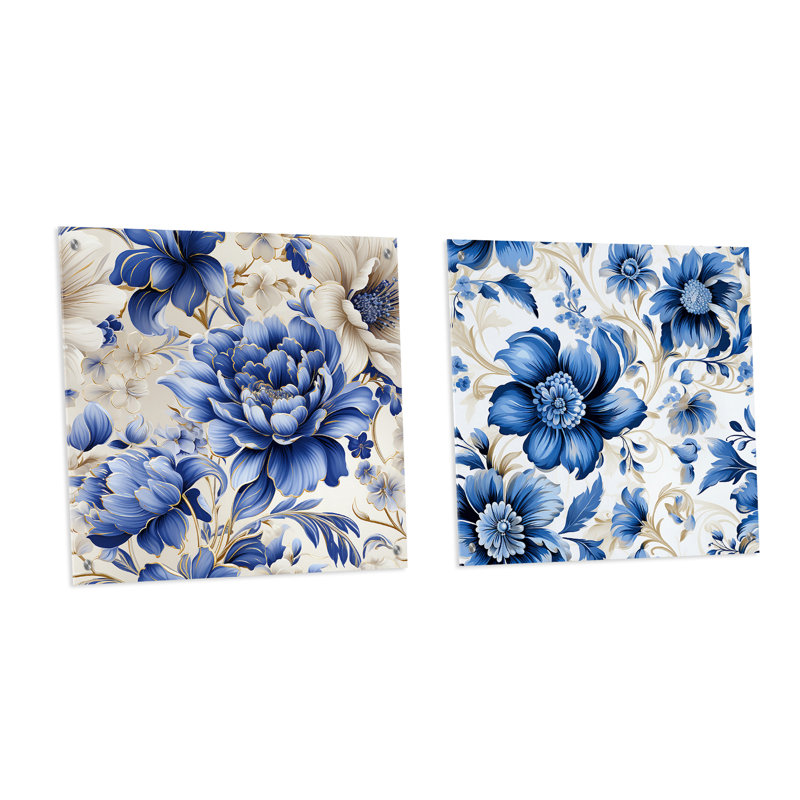 Cobalt Blue Victorian Intricacies Victorian Pattern - Floral Acrylic Wall Art Glass Set Of 2, 30" H x 61" W