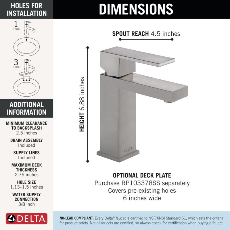 Robinet de salle de bain en nickel brossé Ara, robinet de lavabo monotrou pour meuble-lavabo, ensemble de drain à bouton-poussoir en métal, acier inoxydable
