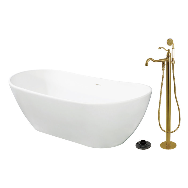 Kingston Brass Arcticstone 72-Inch Solid Surface Oval Double Ended Freestanding Tub With Faucet Combo And Drain