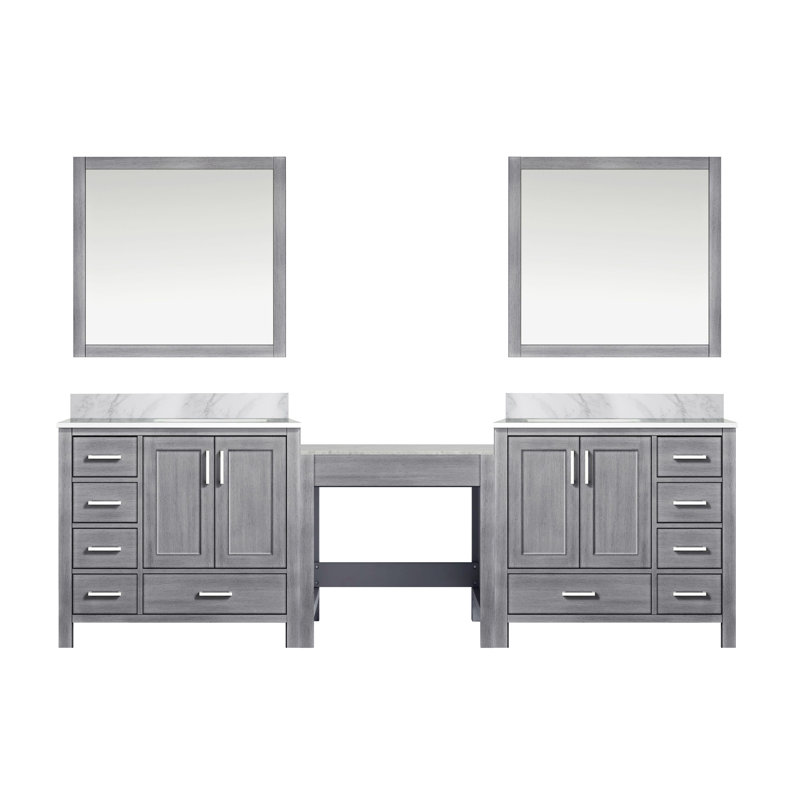 Meuble-lavabo double sur pied 102 po avec comptoir en marbre de Carrare et miroir 102 po, Gris patiné