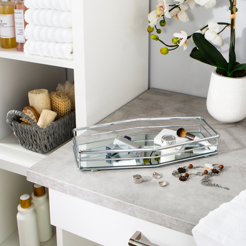 Chrome Reflective Glass Vanity Tray with Double Rail Design
