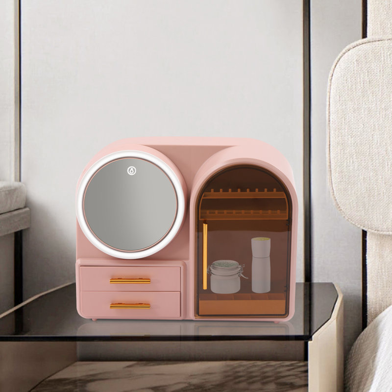 Organisateur de maquillage avec lumière DEL et miroir, Rose