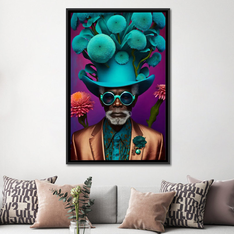 Papy africain rétro futuriste - Champignons VII, Cadre flottant noir, H 60 po x l 40 po