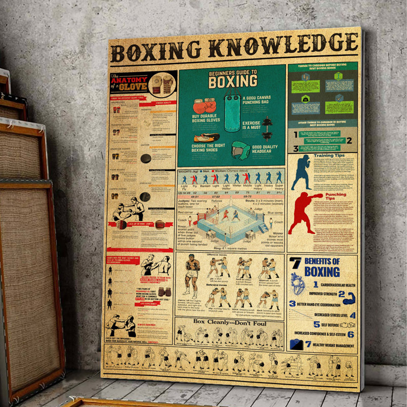Boxe savoir 1 toile tendue avec châssis - Illustration de sport, décor bleu, vert et rouge pour la maison, H 20 po x l 16 po