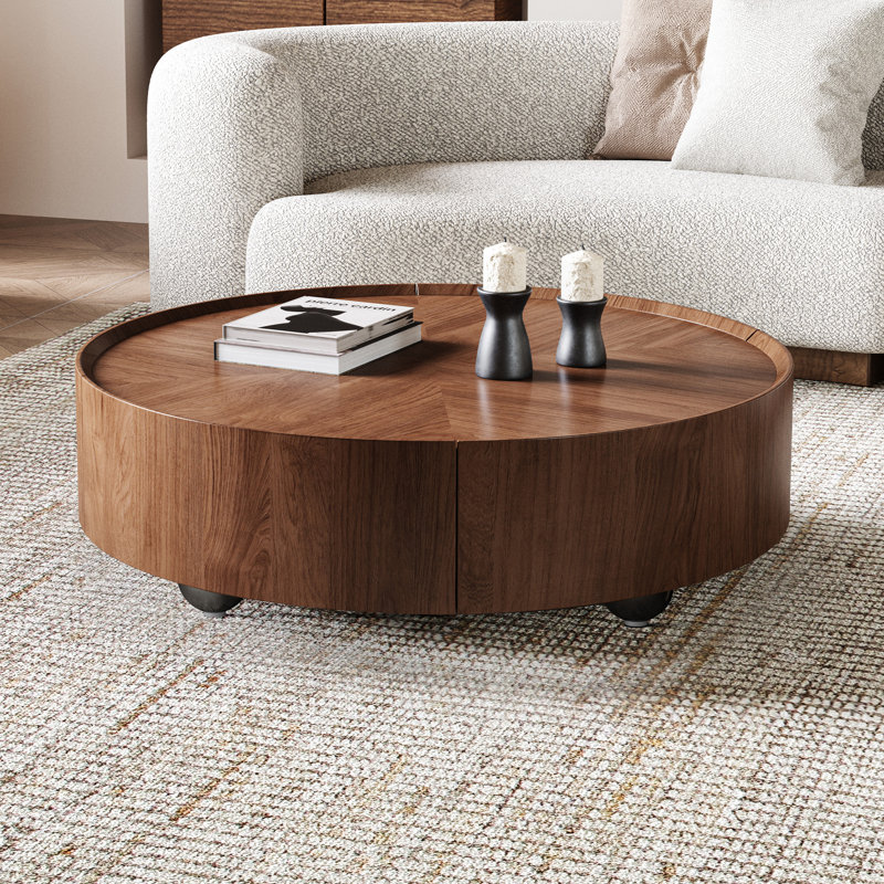 Table basse ronde en noyer avec tiroirs de rangement Minimalist, H 12,6 po x L 35,4 po x l 35,4 po