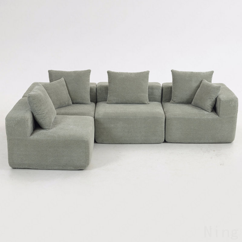 Modular Sectional For Living Room, Full-Foam Build, Textured Light Green Upholstery, Compact Compressed Package, Simple Assembly, Overall 111"X74"X24", 37" Module Size-Light Green