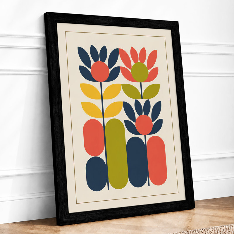 Modernist Flower Study Mid-Century - Framed Print, A4 - 29.7 x 21.0 cm, Black