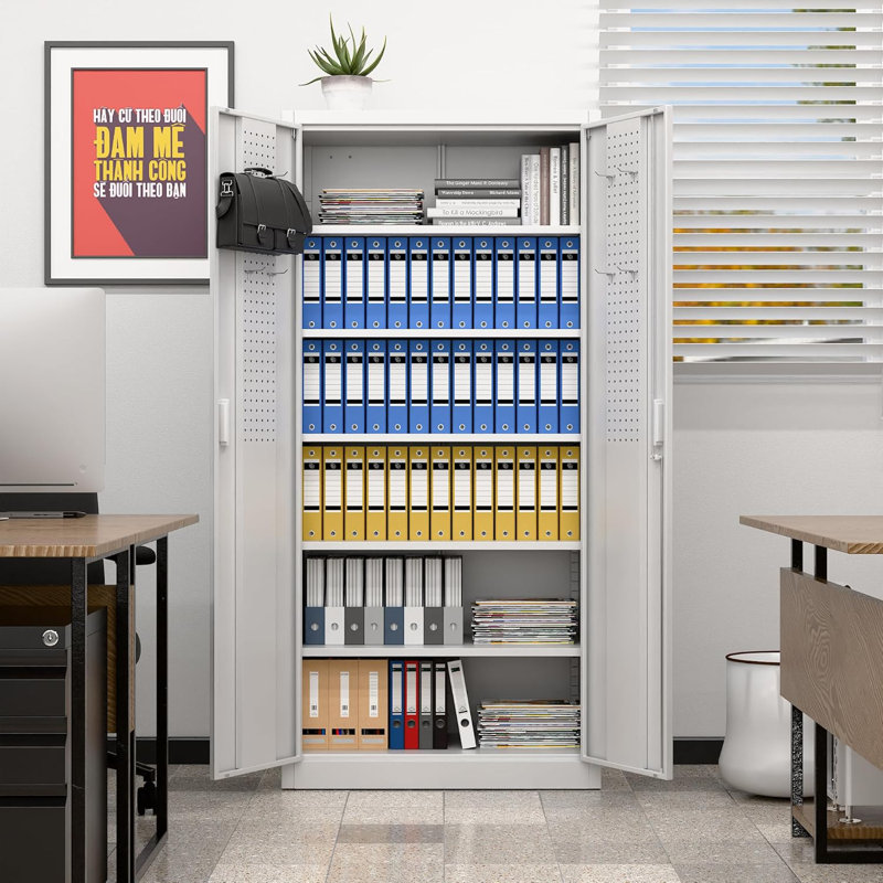 Metal Storage Cabinet with 5 Adjustable Shelves and Pegboard,  Garage Storage Cabinet with Lockable Doors for Garage,Office,Home,Gym,School, Lockable File Cabinet, White