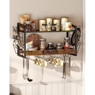 Wall mounted pot rack, two-layer kitchen pot and lid storage, wall mounted pot rack with 12 hooks, country brown