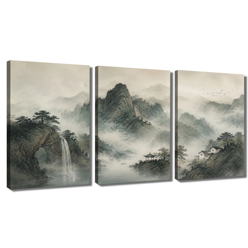 3 panneaux muraux, encre de Chine, cascade de montagne, impression sur toile, 20 * 30 pouces * 3