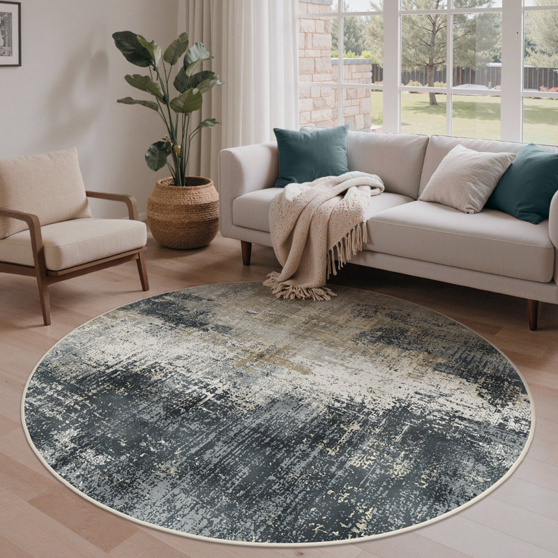 Abstract Area Rug, Black/Gold/Beige, Round 160 cm